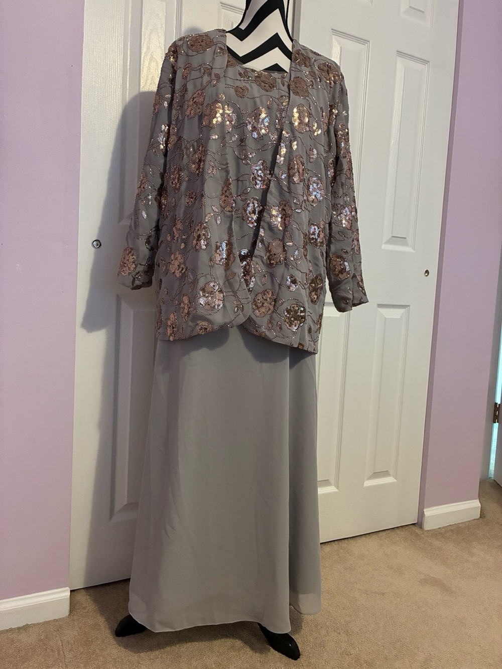 Women's Gray A-Line Evening Skirt with Rose-Gold Sequin Overlay Jacket